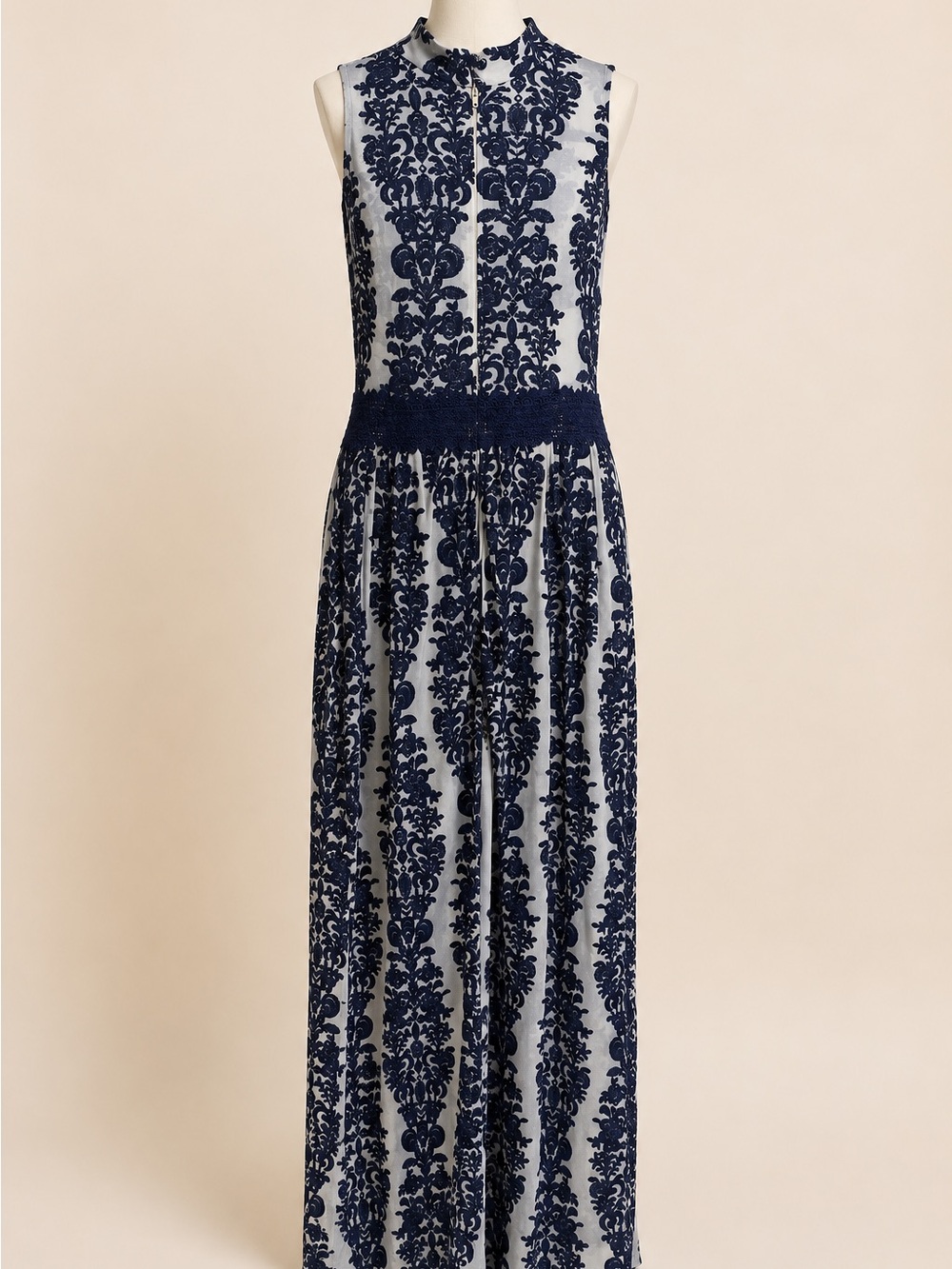 Navy and Cream Damask Sleeveless Maxi Dress